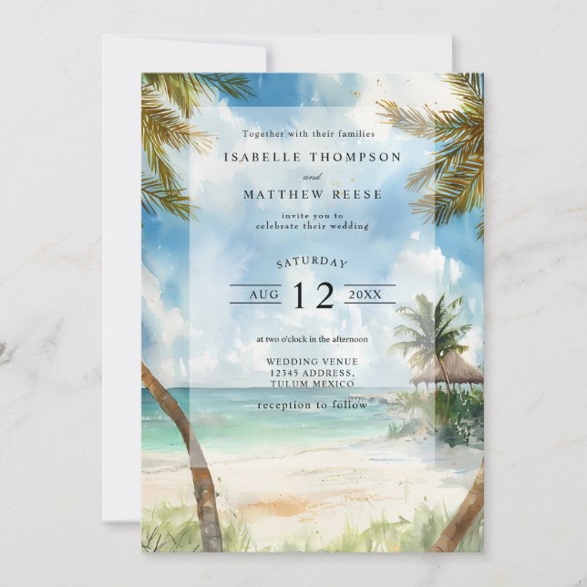 Watercolor Tulum Tropical Beach Wedding Inbjudningar (Framsida)