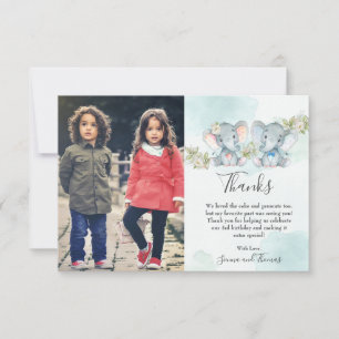 Watercolor Twin Boy Girl Elefant Birthday Photo Tack Kort
