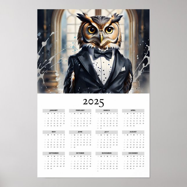 Watercolor Uggla Tuxedo Bow Tie 2025 Wall Calendar Poster (Framsidan)