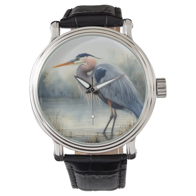 Watercolor Underbar Blue Heron Vatten Bird Wildlif Armbandsur (Framsida)