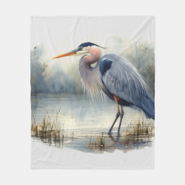Watercolor Underbar Blue Heron Vatten Bird Wildlif Fleecefilt (Framsidan)