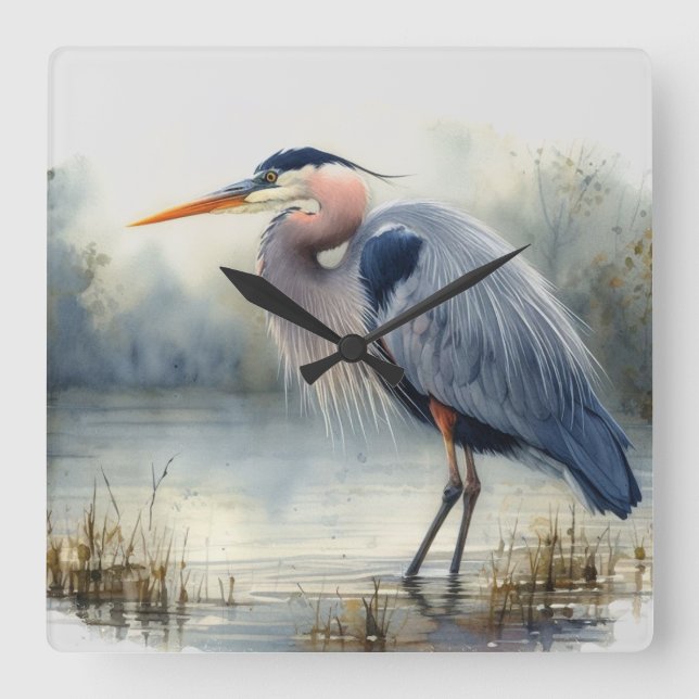 Watercolor Underbar Blue Heron Vatten Bird Wildlif Fyrkantig Klocka (Framsida)