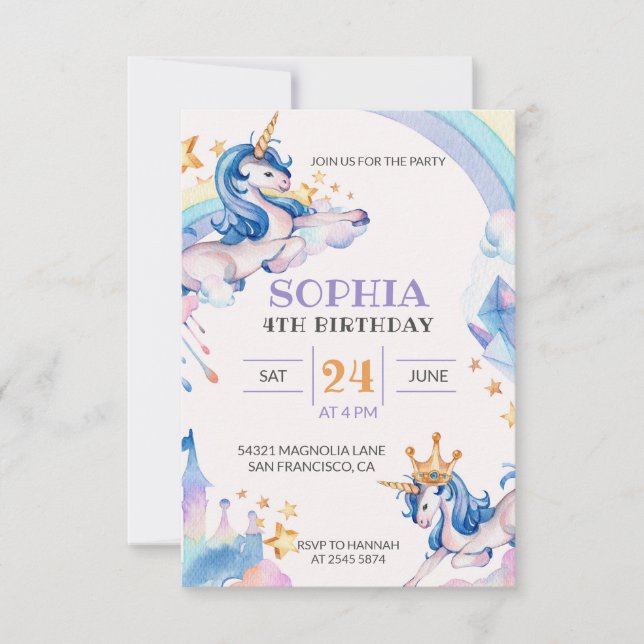 Watercolor Unicorn Birthday Inbjudningar (Framsida)