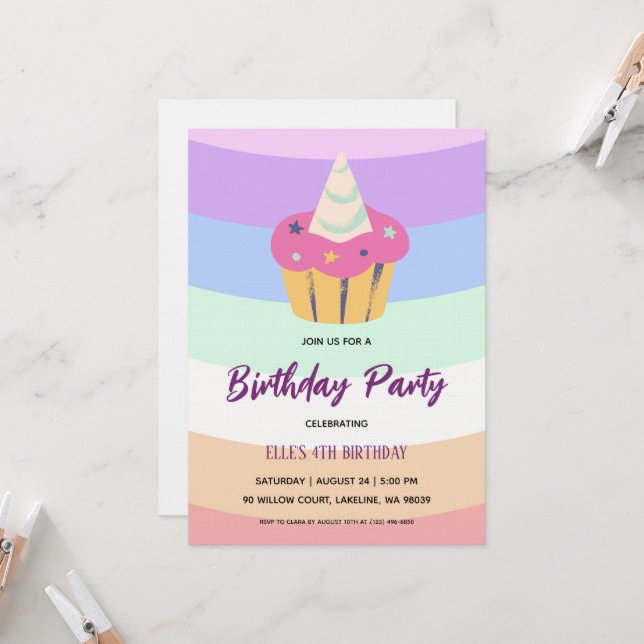 watercolor unicorn rainbow birthday invitation inbjudningar (Fram/Back In Situ)