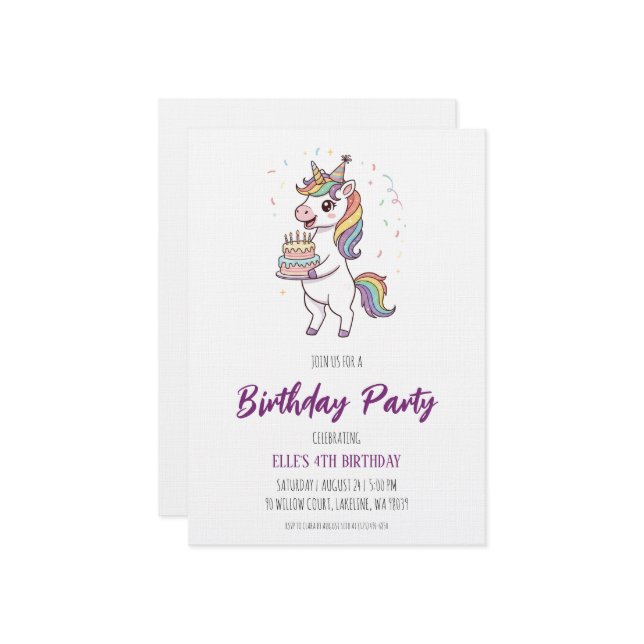 watercolor unicorn rainbow birthday invitation inbjudningar (Fram/Back In Situ)