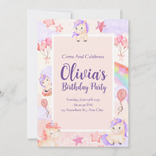 Watercolor Unicorns Rainbow Balloons Rosa Birthday Inbjudningar