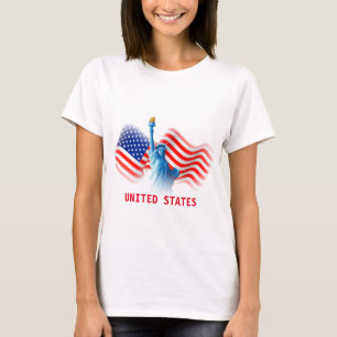 Watercolor United Stater Flagga med Dam Liberty T Shirt