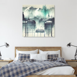 Watercolor Urban Scene med berg, Träd, och Canvastryck