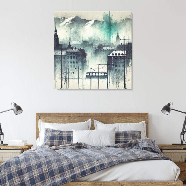 Watercolor Urban Scene med berg, Träd, och Canvastryck (Insitu (sovrum))