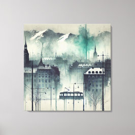 Watercolor Urban Scene med berg, Träd, och Canvastryck