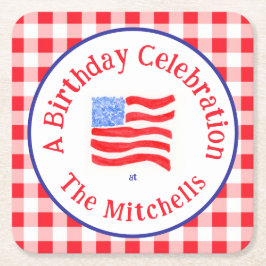 Watercolor USA Flag BIRTHDAY Red White Blue Check  Underlägg Papper Kvadrat