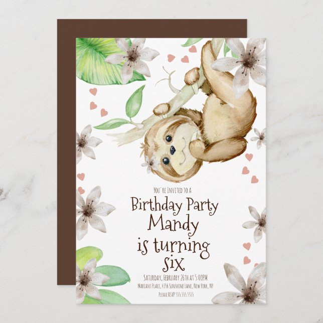 Watercolor Valentines day Sloth Blommigt Birthday Inbjudningar (Fram/baksida)