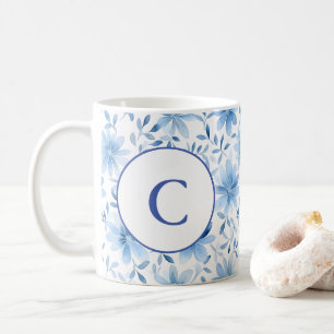 Watercolor Vår Blåa blommor Monogram Brev Kaffemugg
