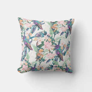 Watercolor Vår blommor Birds White Mönster Kudde