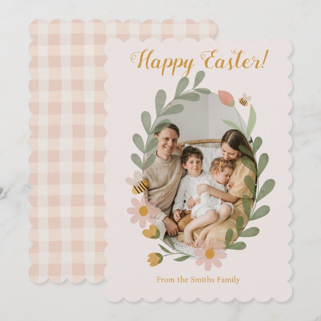 Watercolor Vår blommor Rosa Gingham Julkort (Fram/baksida)