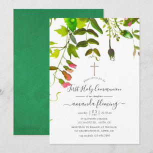Watercolor Vår Greenery First Communion Inbjudningar