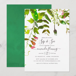 Watercolor Vår Greenery Sip and See Inbjudningar