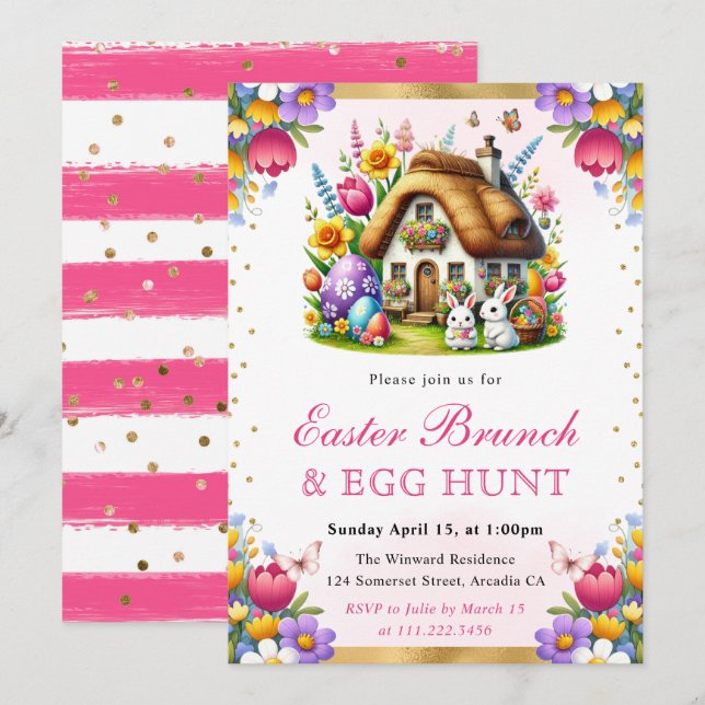 Watercolor Vår Rabbits House Påsk Brunch Inbjudningar (Fram/baksida)
