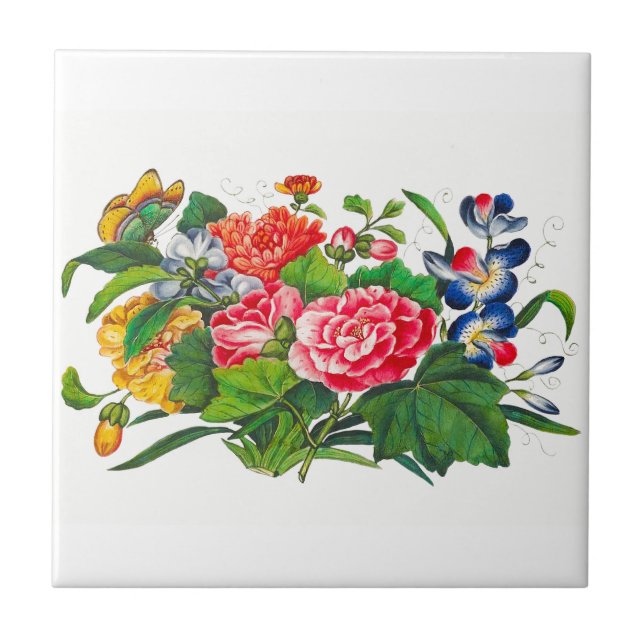 Watercolor Vår WildblomBouquet och Butterfly Kakelplatta (Framsidan)