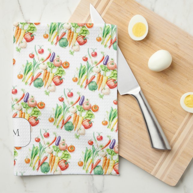Watercolor vegetables pattern monogrammed kökshandduk (Vikt i Fjärdedel)