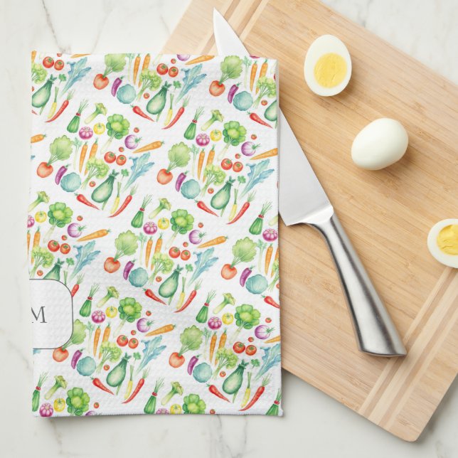 Watercolor vegetables pattern monogrammed kökshandduk (Vikt i Fjärdedel)
