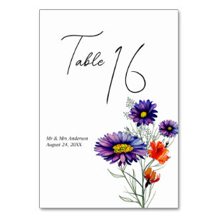 Watercolor Vibrant Orange och Lila Wildblommor Bordsnummer