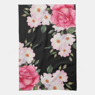 Watercolor Vibrant Pink White Roses Modern Black Kökshandduk