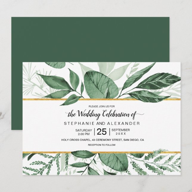 Watercolor Vild Löv Hunter Grönt Bröllop Inbjudningar (Fram/baksida)