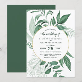 Watercolor Vild Löv Hunter Grönt Bröllop Inbjudningar