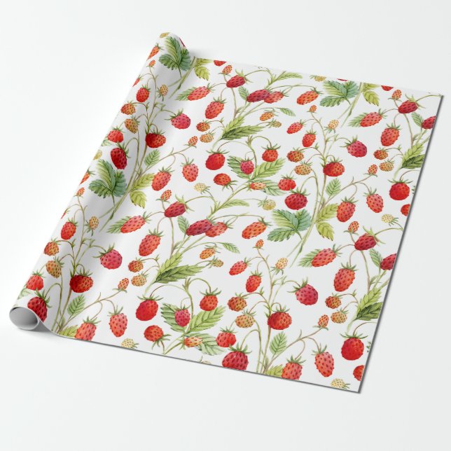 Watercolor Vild Strawberry Mönster Presentpapper (Utrullad)