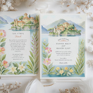 Watercolor Villa del Balbianello Sjö Como Bröllop Inbjudningar