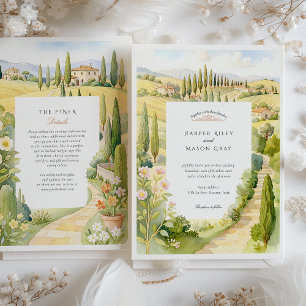 Watercolor Villa La Foce Tuscany Italien Bröllop Inbjudningar