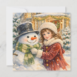Watercolor Vintage Girl with Christmas Snowman Julkort