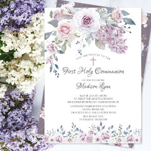 Watercolor Violet Flowers First Communion Inbjudningar