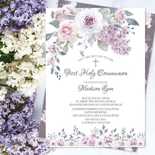 Watercolor Violet Flowers First Communion Inbjudningar (Skapare uppladdad)