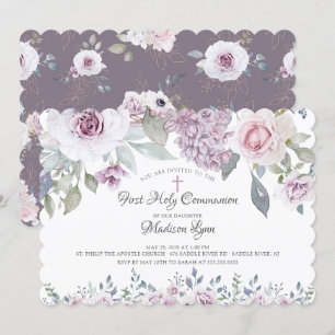 Watercolor Violet Flowers First Communion Inbjudningar