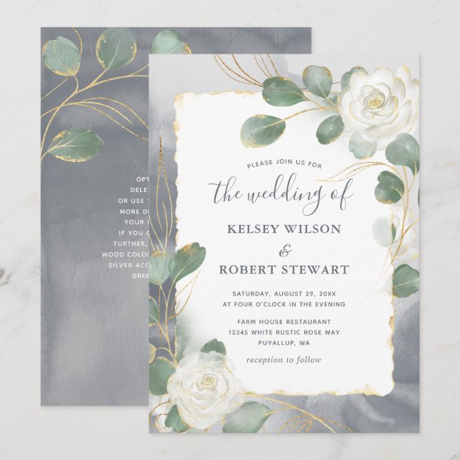 Watercolor Vit ros Grått Guld Greenery Bröllop Inbjudningar (Fram/baksida)