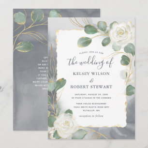 Watercolor Vit ros Grått Guld Greenery Bröllop Inbjudningar