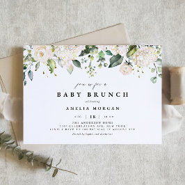 Watercolor Vit ros och Hydrangea Baby Brunch Inbjudningar