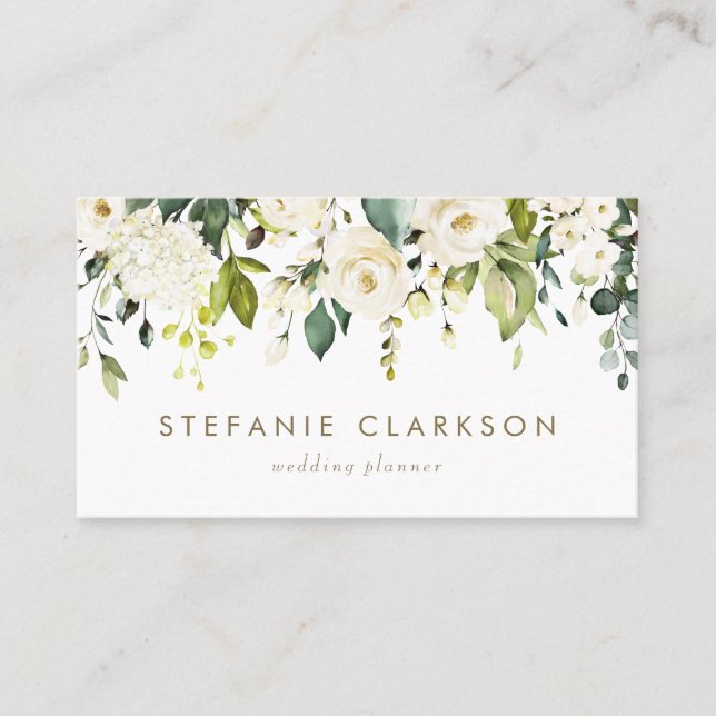 Watercolor Vit ros och Hydrangeas Garland Visitkort (Framsida)
