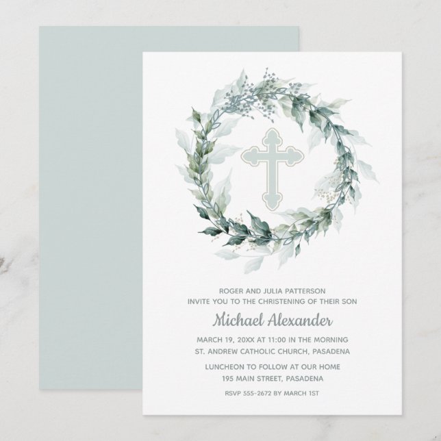 Watercolor WandeBlue Christening Inbjudningar (Fram/baksida)