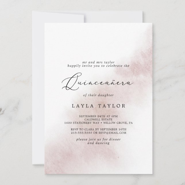 Watercolor Wash | Blush Quinceañera Inbjudningar (Framsida)