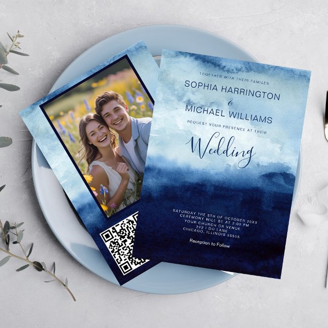 Watercolor Wedding Invitation QR Code Navy Blue  Inbjudningar (Skapare uppladdad)