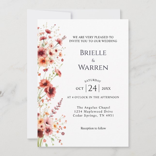 Watercolor Wedding Invitation with Wild Flowers Inbjudningar (Framsida)