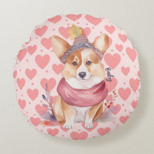Watercolor Welsh Corgi Rosa Hearts Rund Kudde