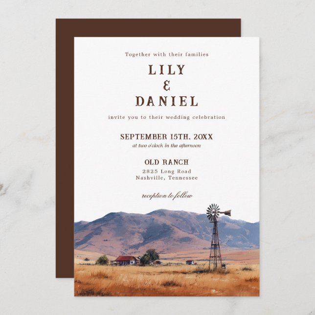 Watercolor Western Mountain Cowboy Ranch Wedding Inbjudningar (Fram/baksida)