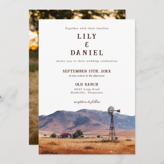Watercolor Western Mountain Ranch Photo Wedding Inbjudningar (Fram/baksida)