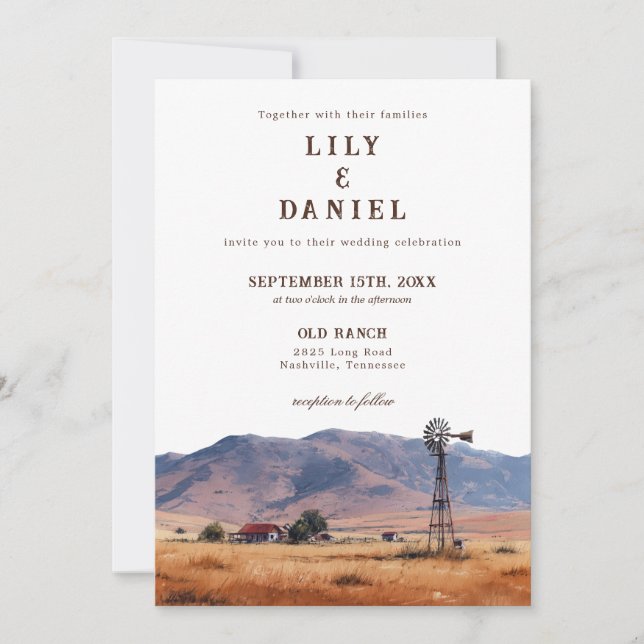 Watercolor Western Mountain Ranch QR Code Wedding Inbjudningar (Framsida)
