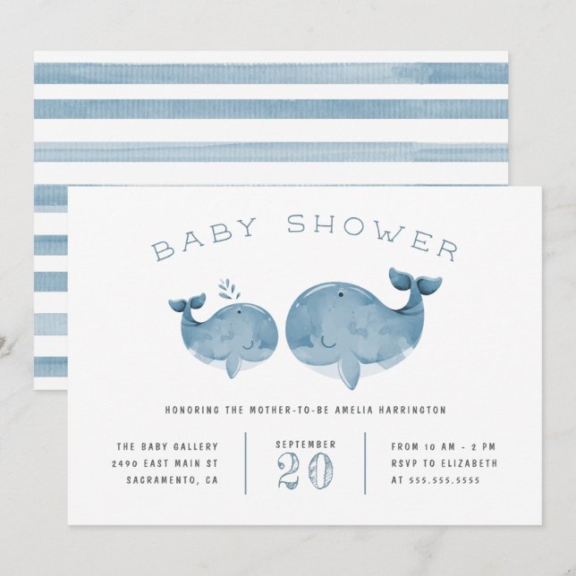 Watercolor Whale Boy's Blue Baby Shower Inbjudningar (Fram/baksida)