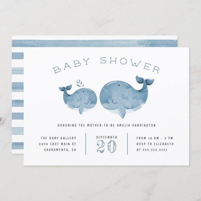 Watercolor Whale Boy's Blue Baby Shower Inbjudningar (Front/Back)